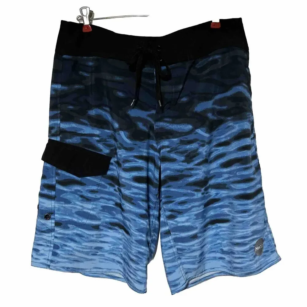 Matix Mens Board Shorts Sz. 32 Blue Black Water Waves Tie Front